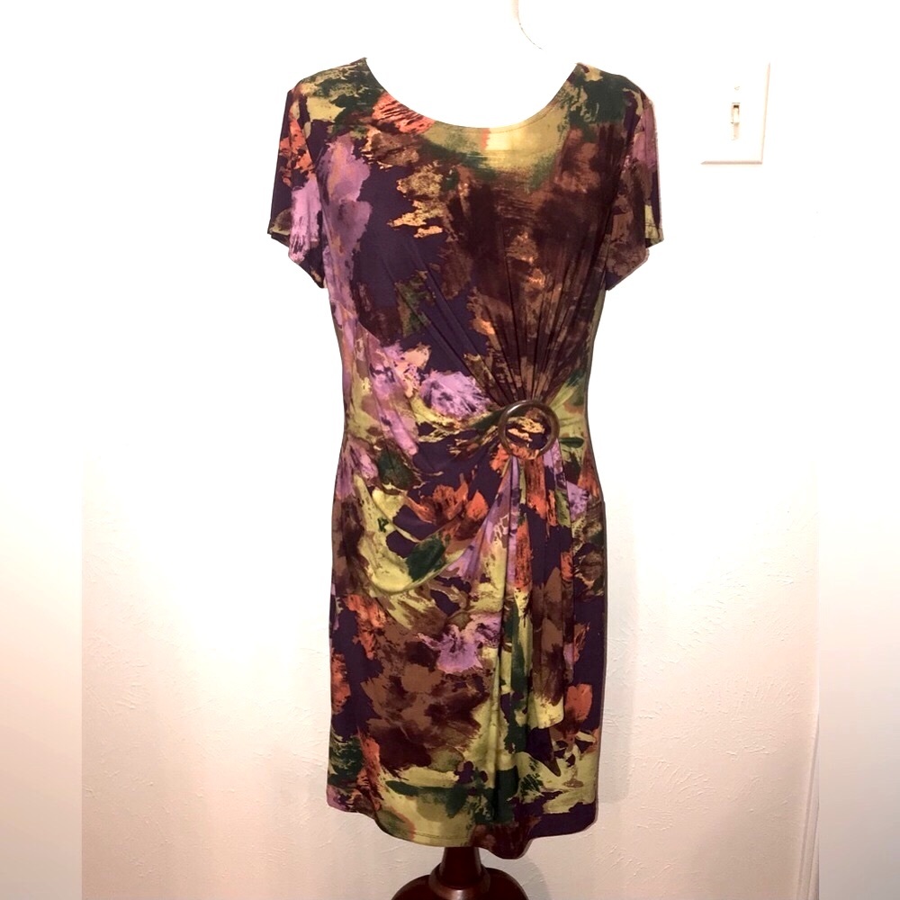 Ellen Tracey knee length dress, purple and fall colors. Size 12.